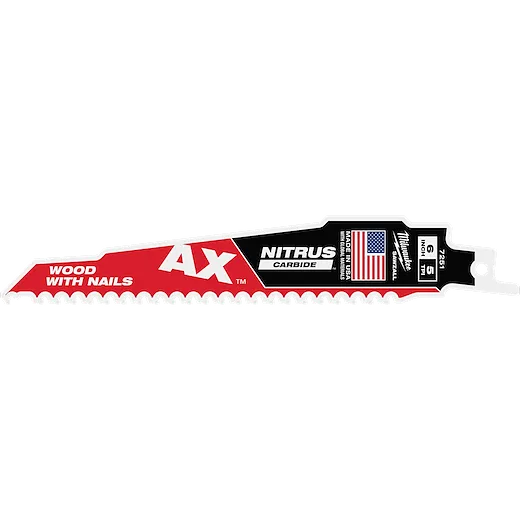 The 6" 5 TPI AX™ w/NITRUS™ Carbide Teeth SAWZALL® Blade for Wood with Nails has a red and black design. It features carbide teeth for durability and compatibility with wood and nails. The blade includes a USA flag, “AX™,” and “NITRUS™ Carbide” branding.