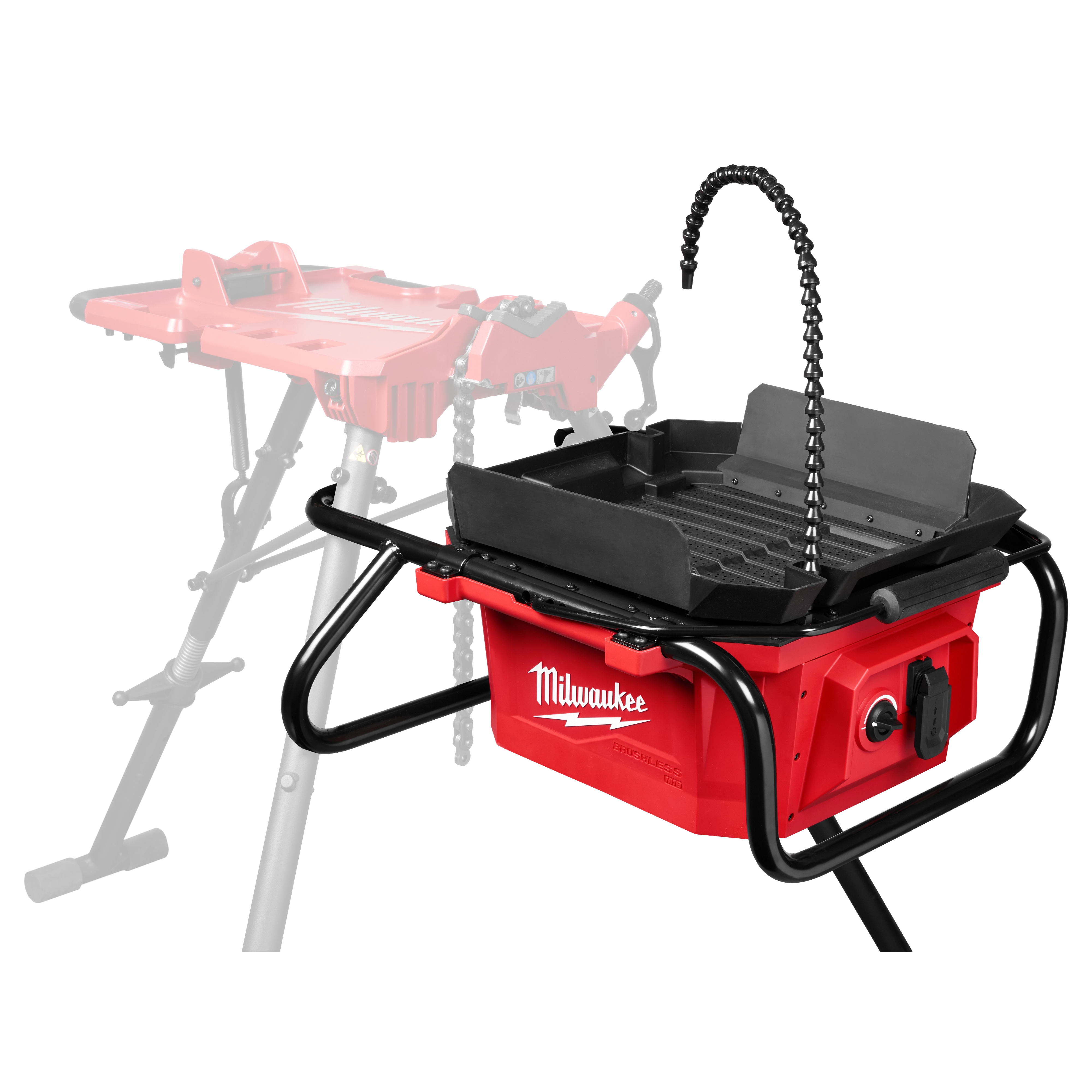 Milwaukee M18 Brushless Pipe Threading Oiler attached to a dedicated workbench.