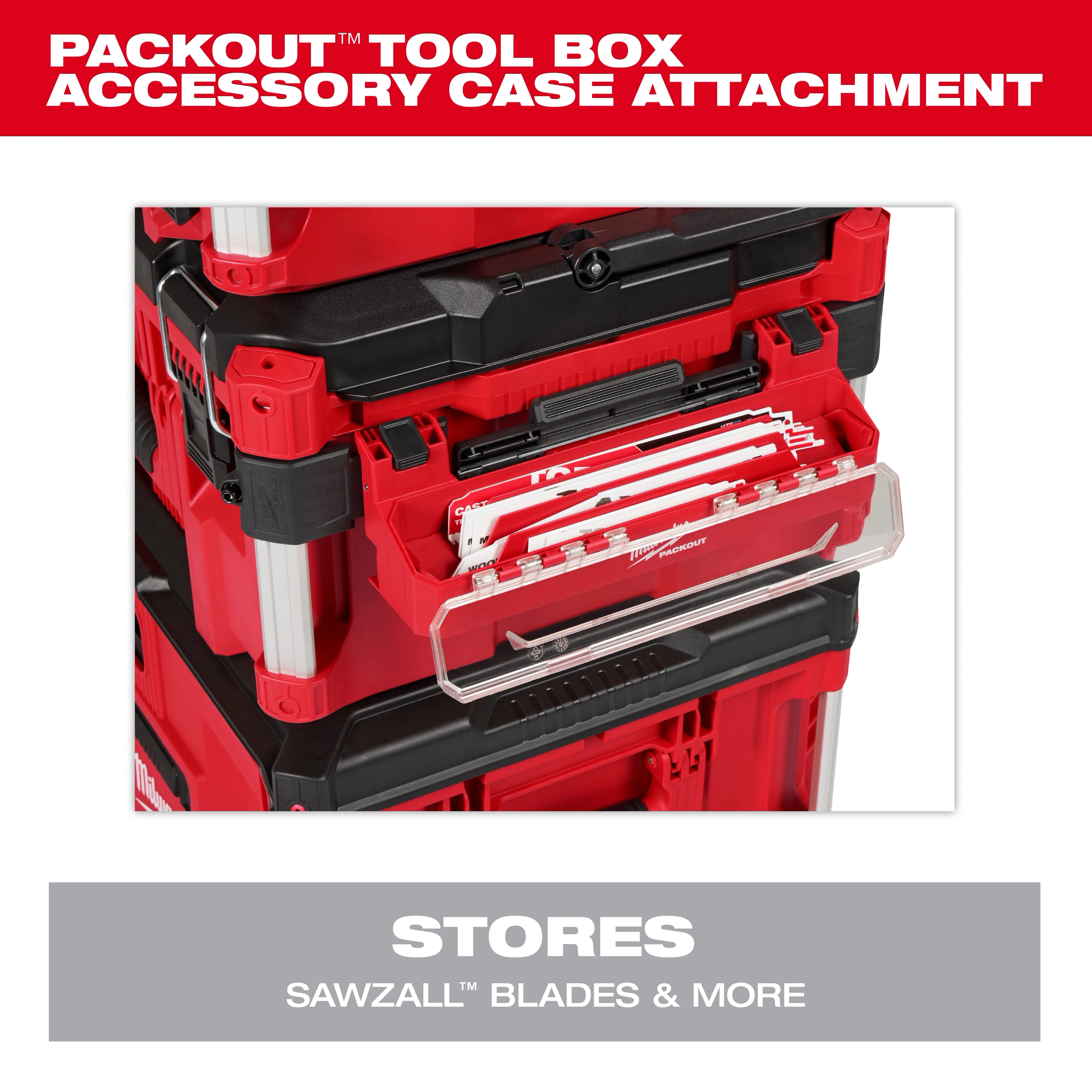 PACKOUT Tool Box Accessory Case Attachment for storing SAWZALL blades and more, shown attached to a red and black toolbox system.