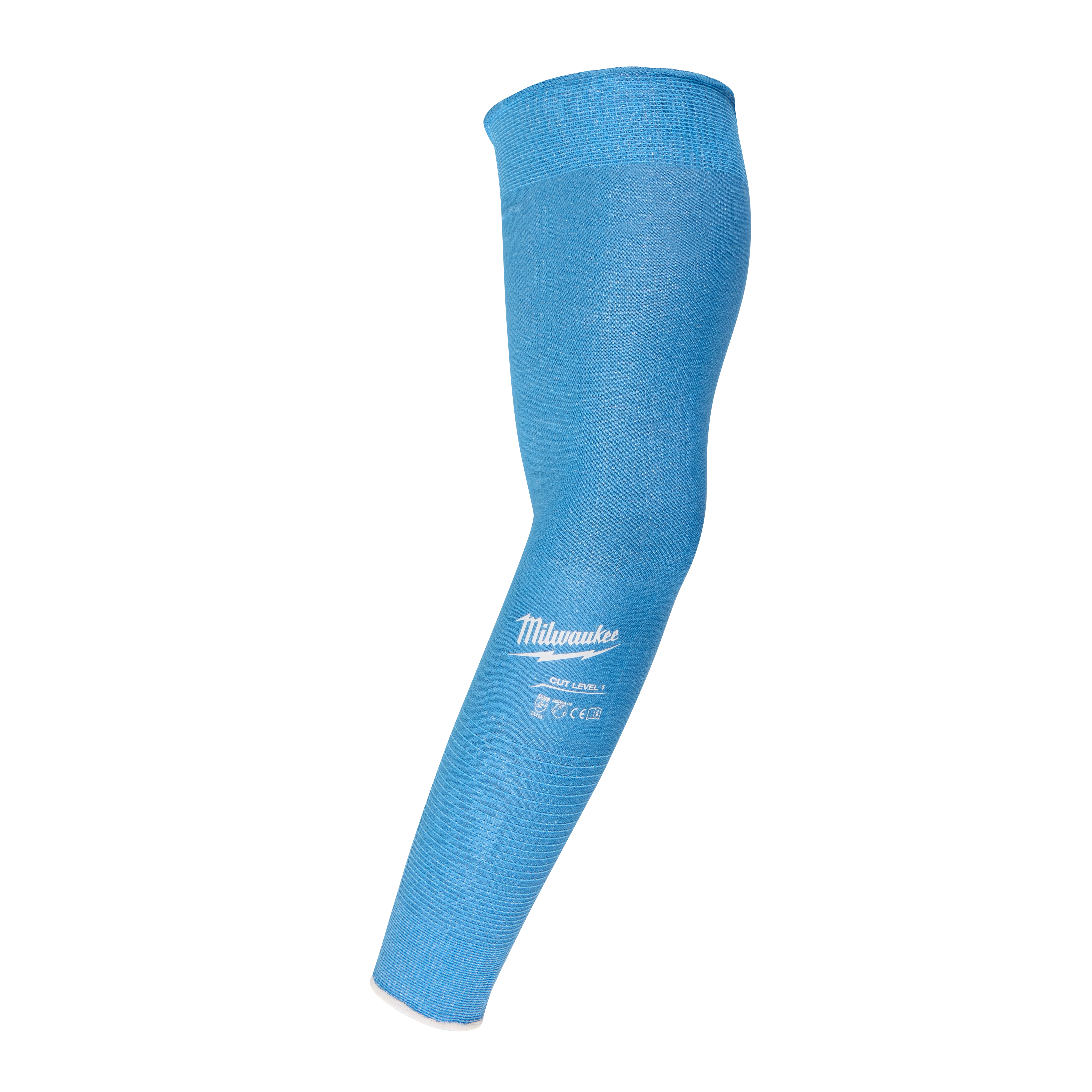 Blue Milwaukee Cooling Cut Level 1 Protective Sleeve, full arm coverage, stretchy fabric, with safety logos near the wrist end.