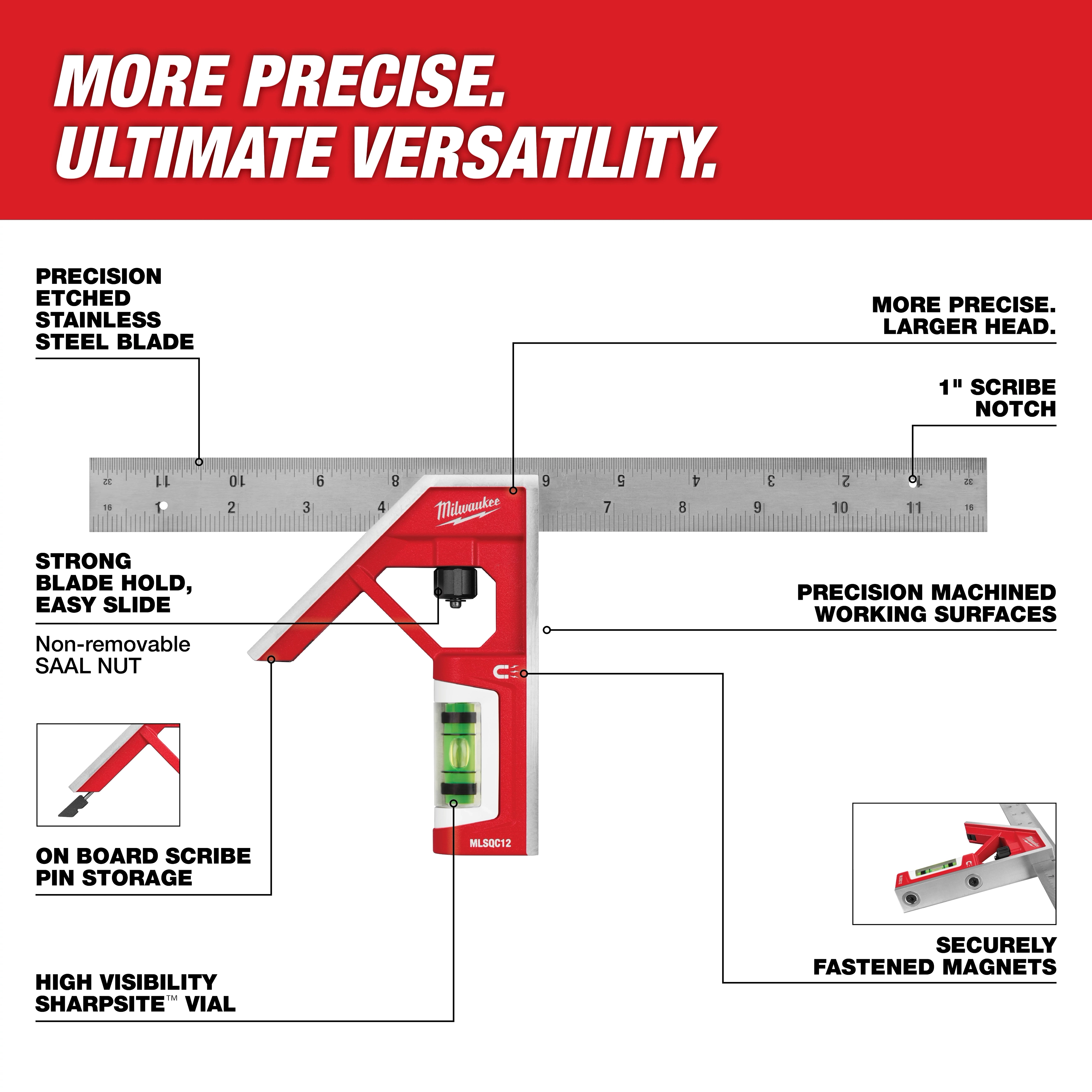 12" Magnetic Combination Square with precision etched stainless steel blade, large head, precision machined surfaces, onboard scribe storage, and Sharpsite vial.