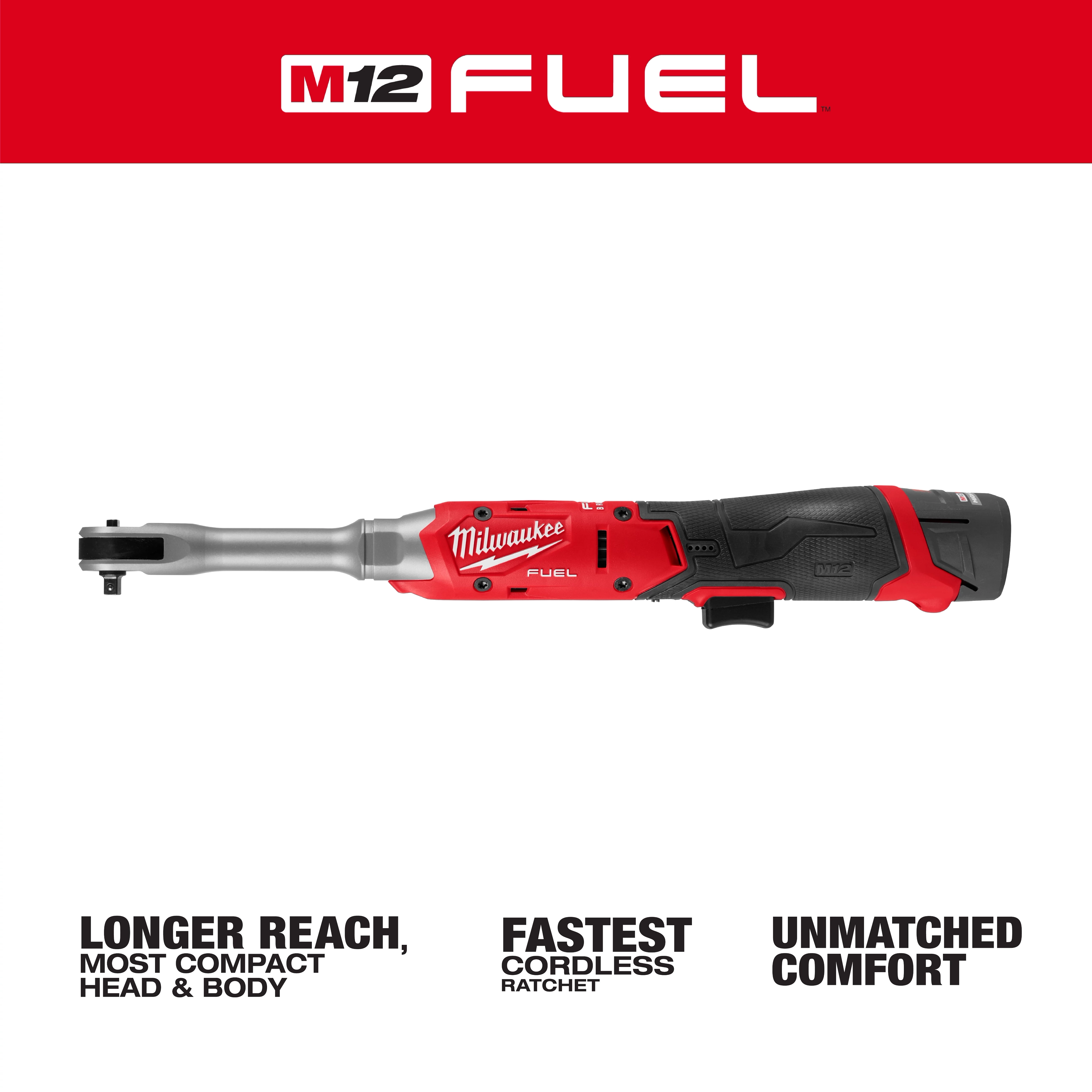 M12 FUEL 1/4" Extended Reach Ratchet cordless tool centered on a white background with red branding accents.