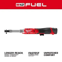 M12 FUEL 1/4" Extended Reach Ratchet cordless tool centered on a white background with red branding accents.