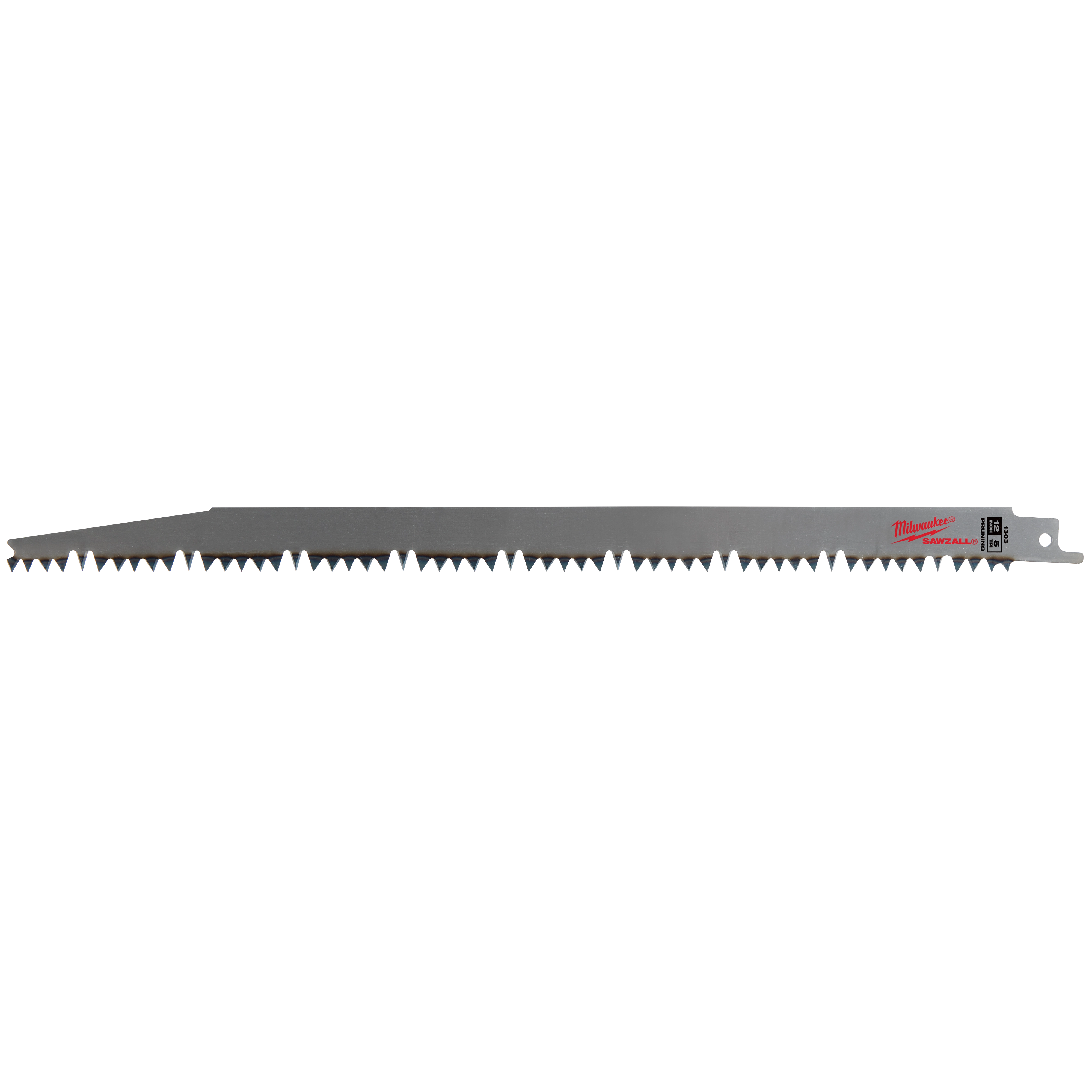 The image is of a 12" 5 TPI Fleam Ground Pruning SAWZALL® Blade for Clean Wood (1 PK). The blade has a straight, flat profile with finely spaced teeth designed for clean cuts in wood. It features a brand logo in the upper right corner.