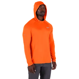 The WORKSKIN Hooded Sun Shirt is a bright orange long-sleeve hoodie designed for sun protection.