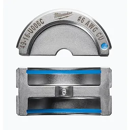 The #6 Copper U Style Die is a metallic tool component with a semi-circular shape and embossed text indicating its specifications. It has a smooth, polished surface with blue accents and is designed for precision in electrical or mechanical applications.