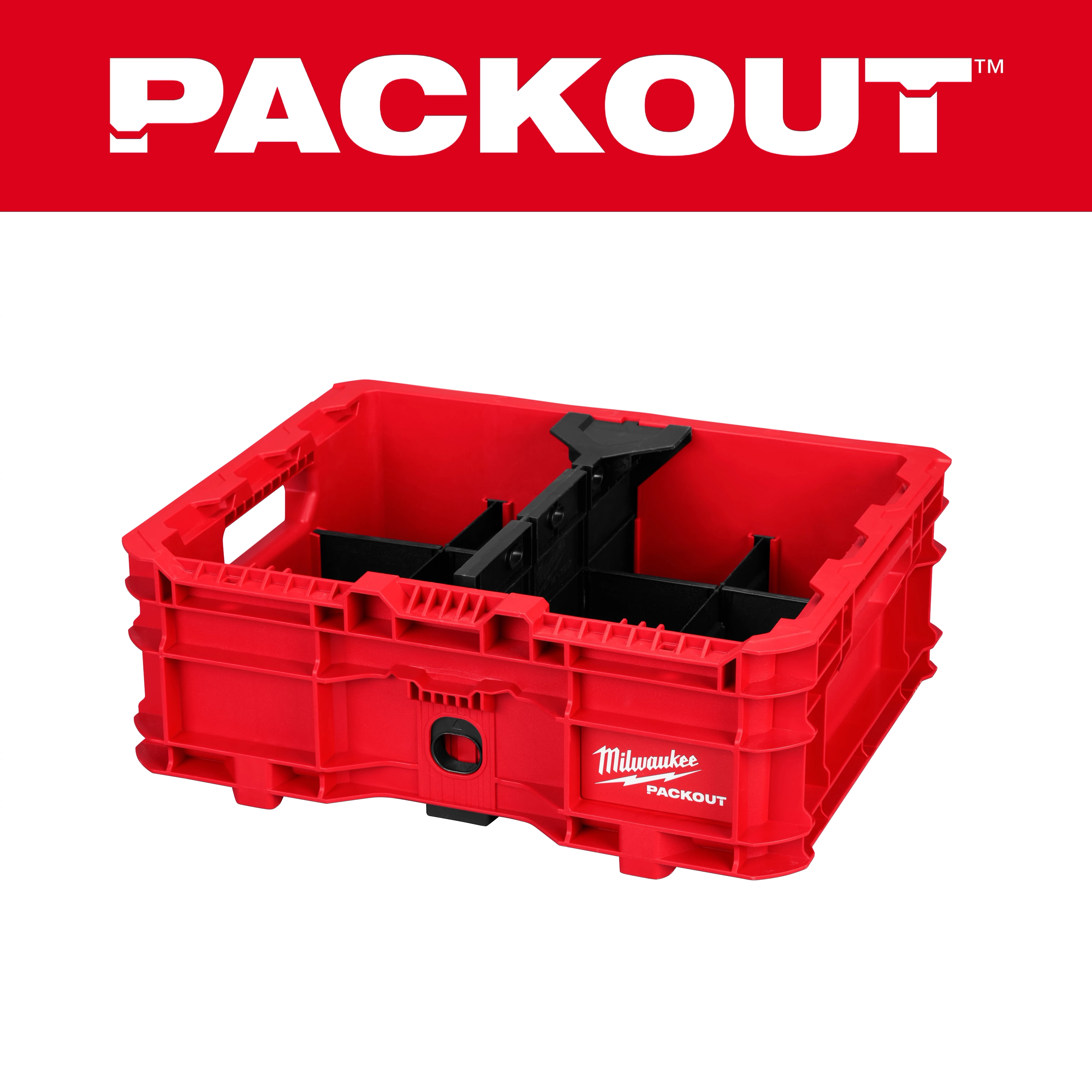 PACKOUT Low-Profile Crate in red with internal dividers and a central black handle on a white background.