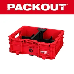 PACKOUT Low-Profile Crate in red with internal dividers and a central black handle on a white background.