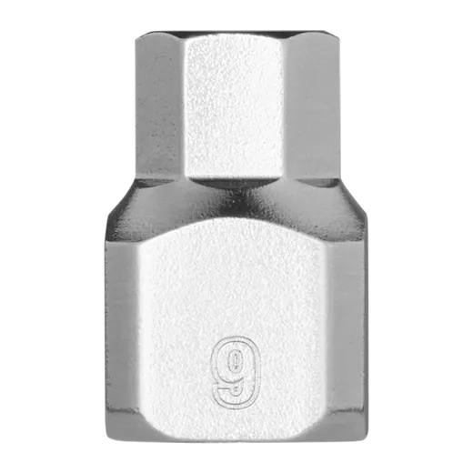 1/4" Drive 9mm Low-Profile Hex Bit Socket in polished chrome. The hex bit has a compact design with the number "9" engraved on its side, indicating the size. The top part is hexagonal, designed for socket wrench compatibility.