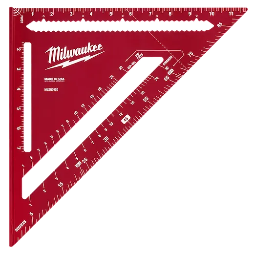 The image shows a 12" Rafter Square by Milwaukee, featuring measurement markings, degree indicators, and various cutouts for scribing. It is red with white text and has an ergonomic design.