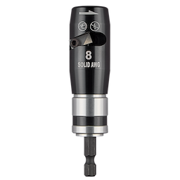 The image shows an 8 AWG Solid Wire Stripper tool. It features a black and silver cylindrical design, with clear markings indicating the wire gauge and stripping functionality. The tool has icons for wire cutting and insulation stripping capabilities, highlighted by a sharp metal blade.