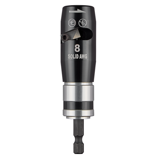 The image shows an 8 AWG Solid Wire Stripper tool. It features a black and silver cylindrical design, with clear markings indicating the wire gauge and stripping functionality. The tool has icons for wire cutting and insulation stripping capabilities, highlighted by a sharp metal blade.