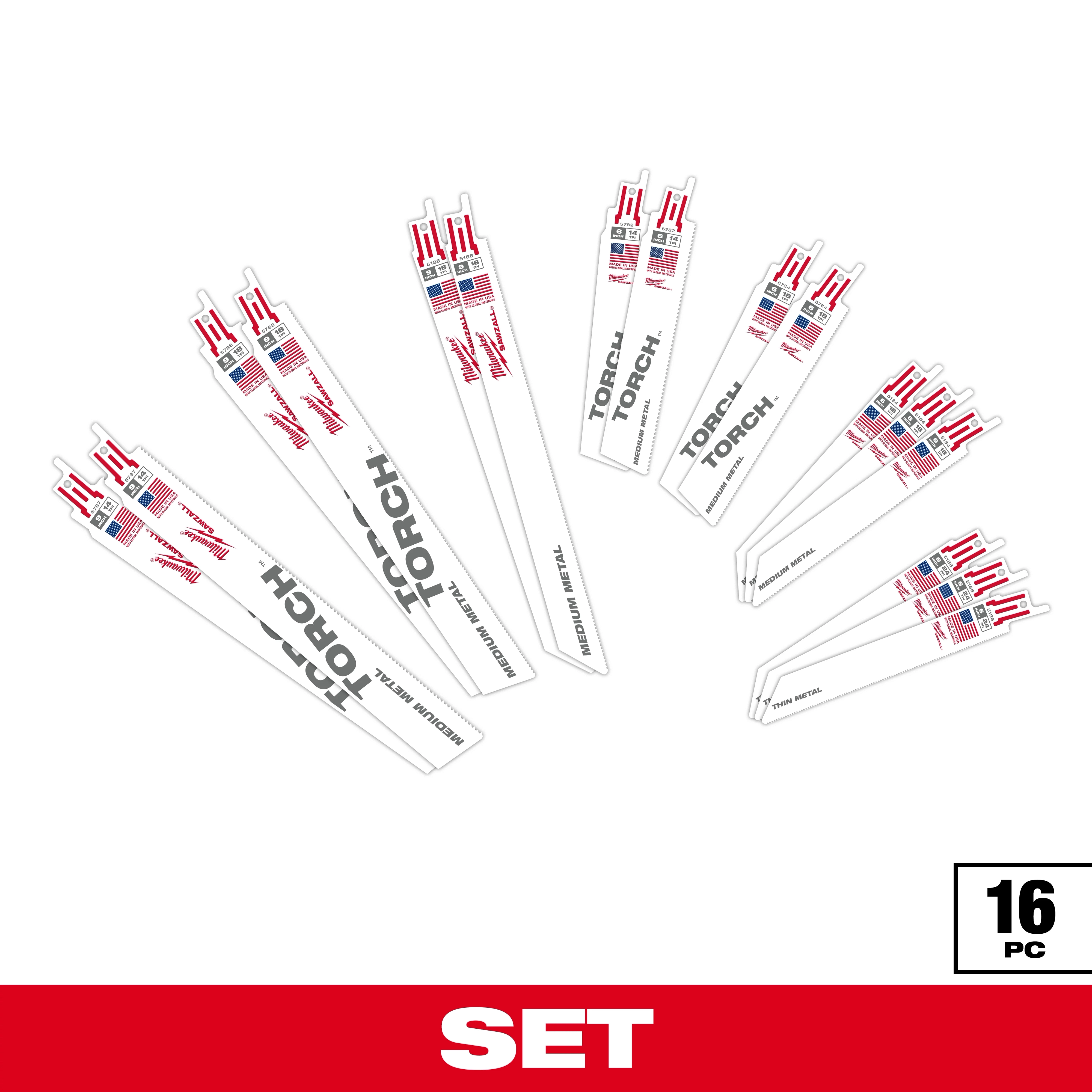 The image displays a 16-piece Milwaukee reciprocating saw blade set. Various blade sizes are included, labeled "TORCH" for metal-cutting applications. The white blades feature Milwaukee branding, red tips, and American flags. The set packaging emphasizes the word "SET" in white text on a red background.