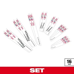 The image displays a 16-piece Milwaukee reciprocating saw blade set. Various blade sizes are included, labeled "TORCH" for metal-cutting applications. The white blades feature Milwaukee branding, red tips, and American flags. The set packaging emphasizes the word "SET" in white text on a red background.