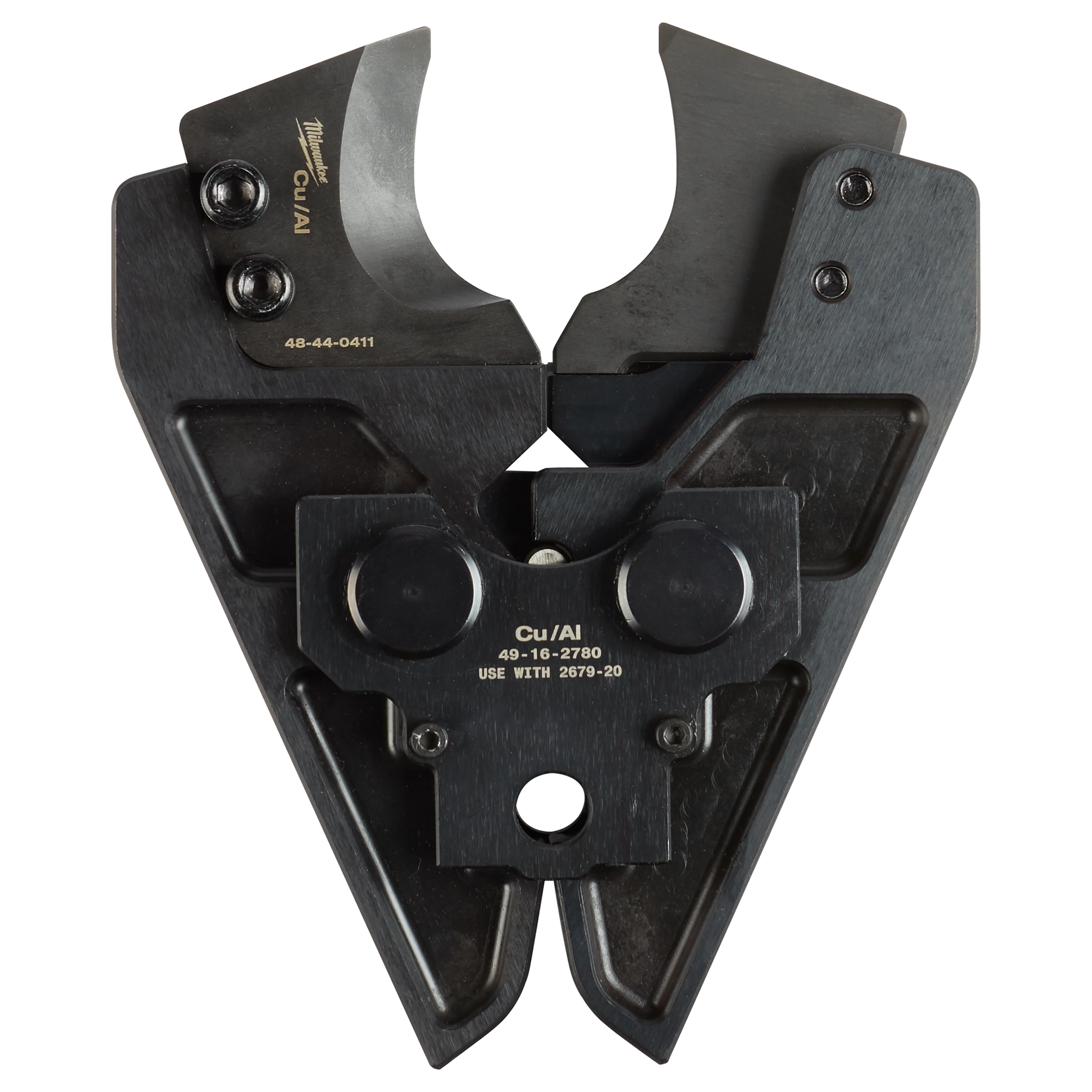 750 MCM Cu/Al Cutting Jaw, black metal V-shaped component with sharp blades, used for cutting copper and aluminum cables.