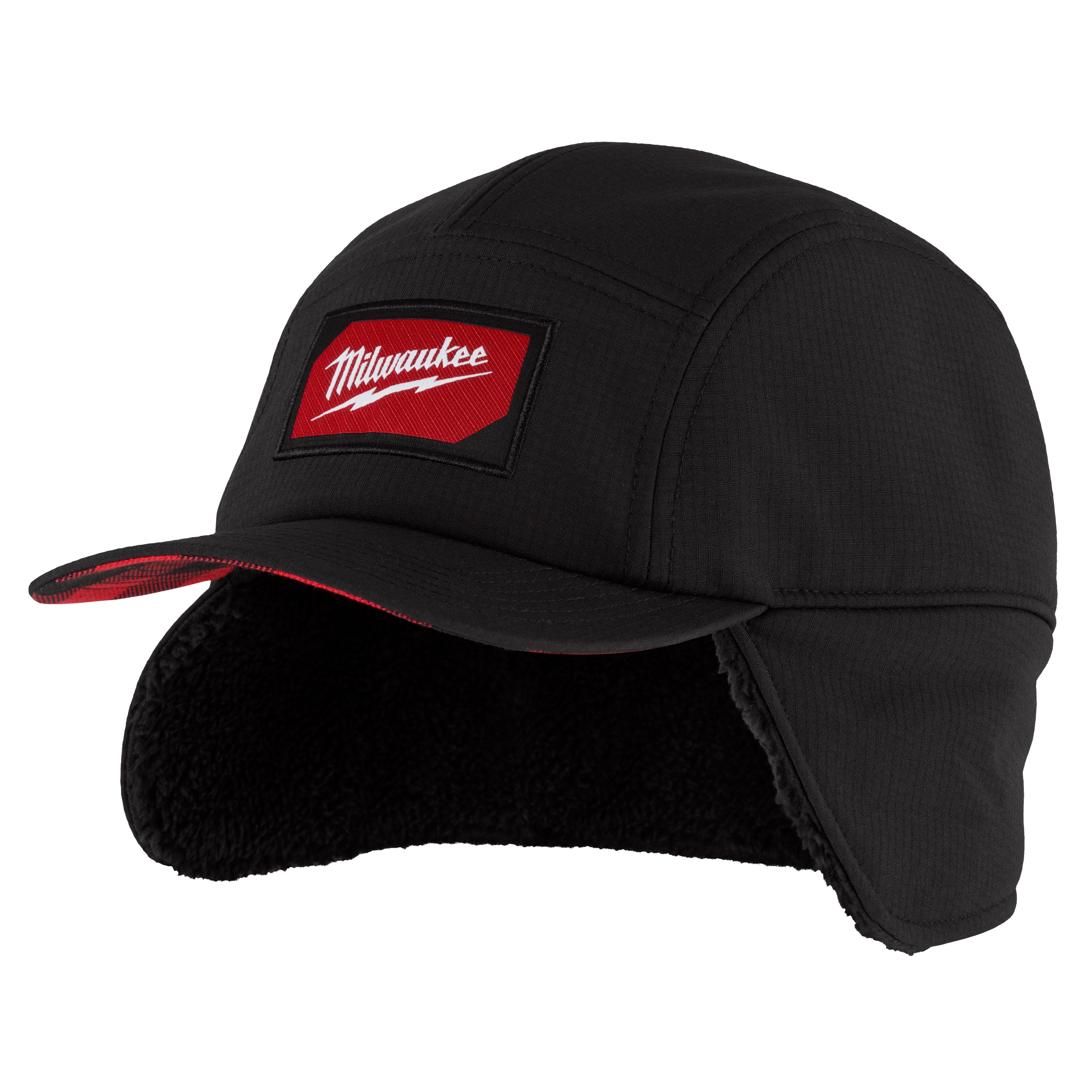 Black Sherpa-Lined Hat with a red-and-white logo patch. Features ear flaps and a black sherpa lining for added warmth.