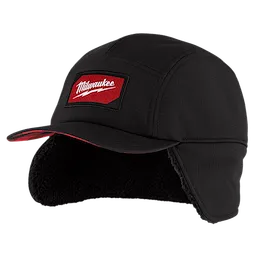 Black Sherpa-Lined Hat with a red-and-white logo patch. Features ear flaps and a black sherpa lining for added warmth.