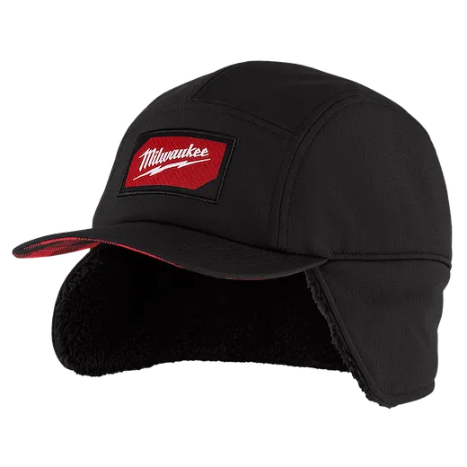 Black Sherpa-Lined Hat with a red-and-white logo patch. Features ear flaps and a black sherpa lining for added warmth.
