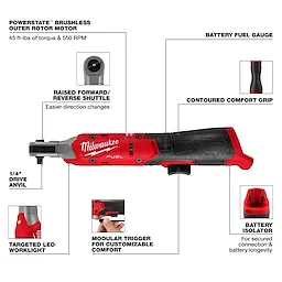 The M12 FUEL™ 1/4" Ratchet features a brushless motor, providing 45 ft-lbs torque and 550 RPM. It includes a raised forward/reverse shuttle for easier direction changes, contoured comfort grip, battery fuel gauge, targeted LED work light, modular trigger for customizable comfort, and battery isolator for secure connection and battery longevity.