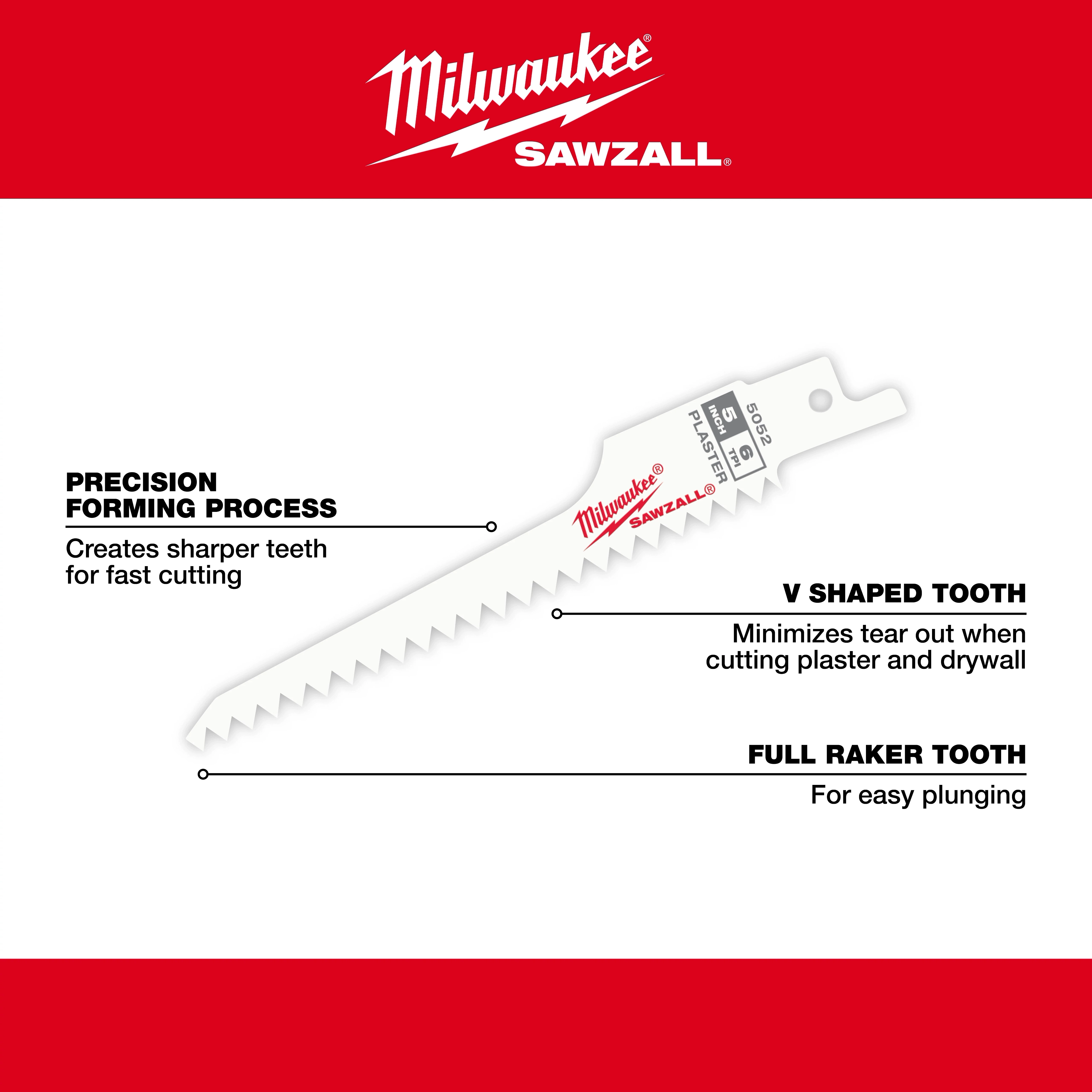 The Plaster%20blade%20Walkaround is a Milwaukee Sawzall blade designed for cutting plaster and drywall. It features a V-shaped tooth to minimize tear-out and full raker teeth for easy plunging. The precision forming process creates sharper teeth for faster cutting.