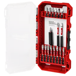 The SHOCKWAVE™ Impact Duty Driver Bit Set -18PC is displayed in a red and transparent hard plastic case. The set includes a variety of driver bits and an adapter neatly organized within the case.
