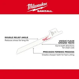 Milwaukee Sawzall 3-5/8" 10 TPI Super Sawzall blade features double relief angle for long life, unique fleam ground teeth for clean cuts in both directions, and precision forming process for sharper teeth and fast cutting. Blade displayed with brand logo and highlighted features on red and white background.