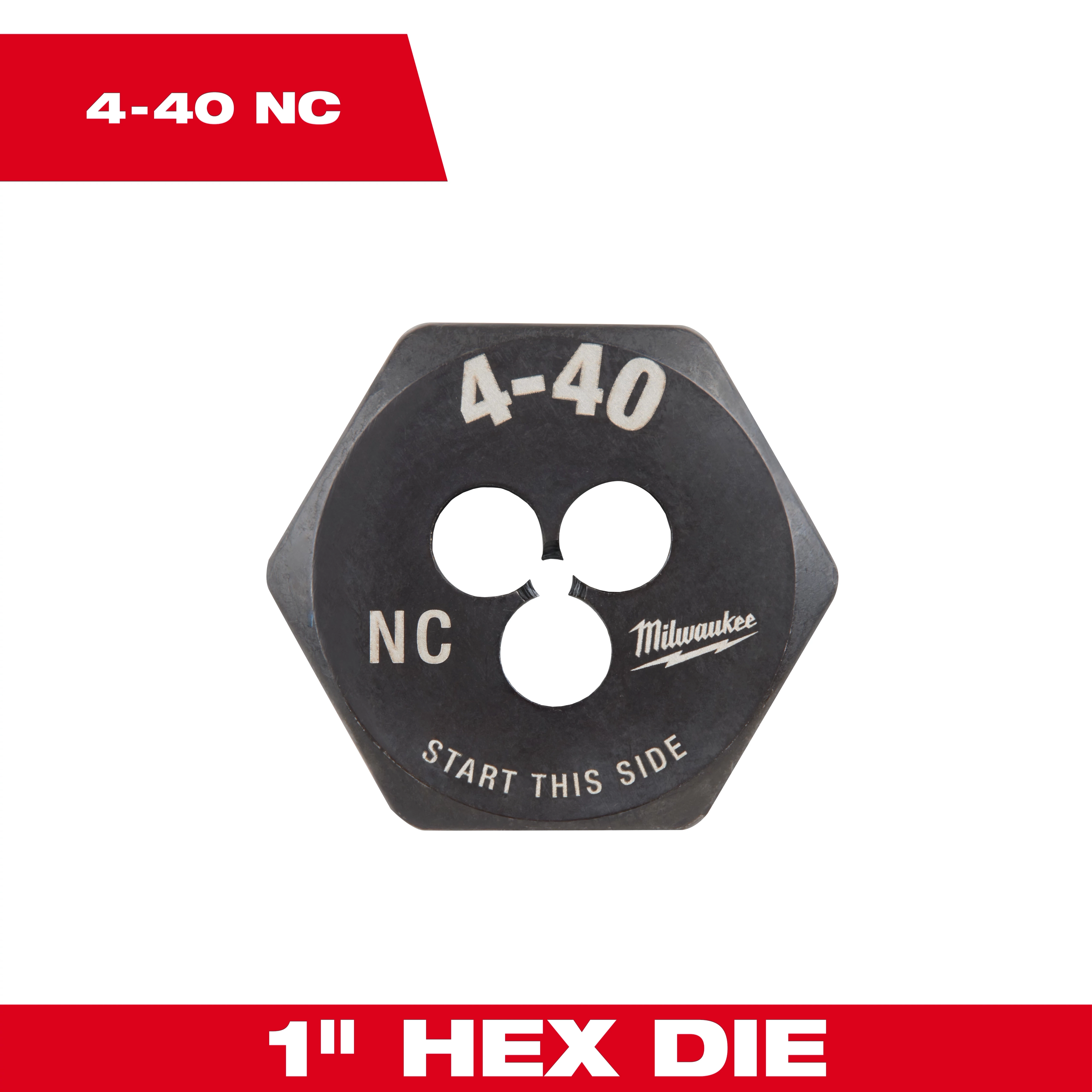 4-40 NC 1-Inch Hex Threading Die with three round holes, labeled for easy identification, against a white background with red accents.