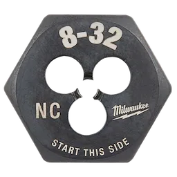 8-32 NC 1-Inch Hex Die with the brand logo, labeled with threading size, and instructions to start from this side.