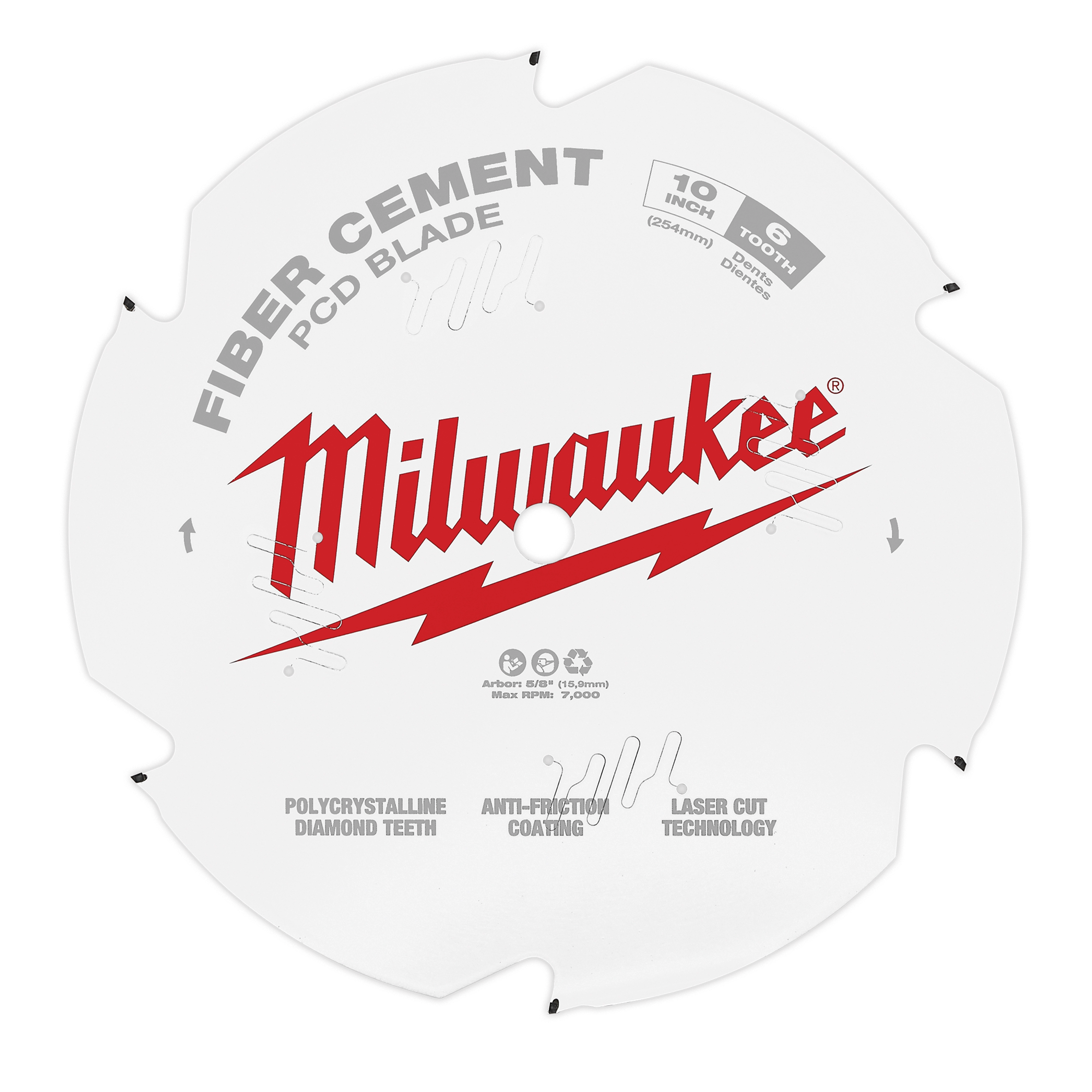 Fiber Cement Circular Saw Blade with polycrystalline diamond teeth, anti-friction coating, and laser cut technology. 10-inch, 6 teeth.