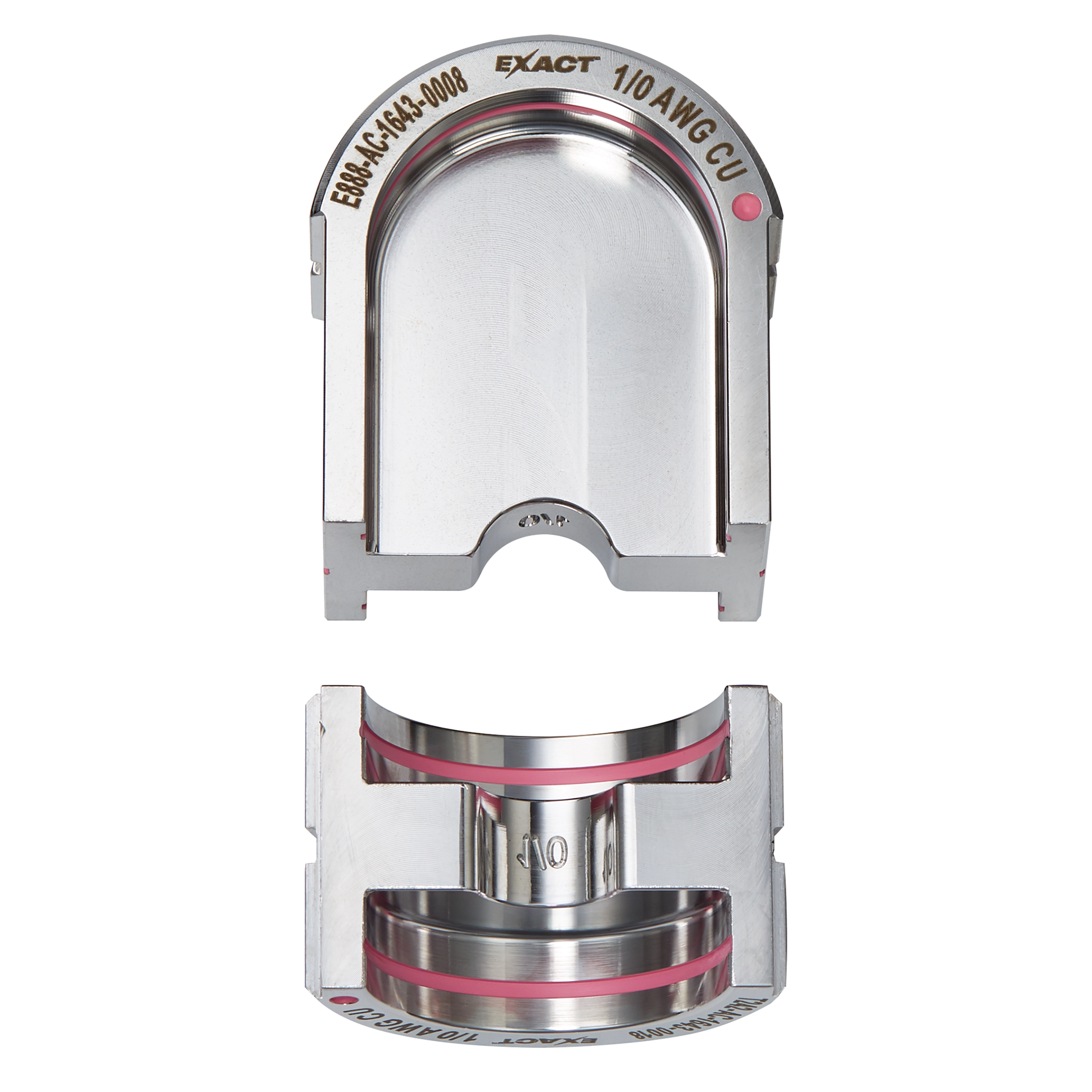FORCELOGIC™ M18™ 750 MCM Crimper Kit components include two stainless steel crimping dies marked with "EXACT" and "1/0 AWG CU." The pieces are precisely engineered, with visible markings and high-quality construction for professional use in electrical wire crimping.