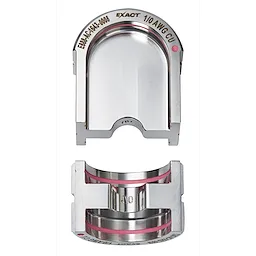 FORCELOGIC™ M18™ 750 MCM Crimper Kit components include two stainless steel crimping dies marked with "EXACT" and "1/0 AWG CU." The pieces are precisely engineered, with visible markings and high-quality construction for professional use in electrical wire crimping.