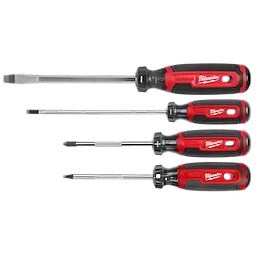 4PC Cushion Grip Screwdriver Set (CAN) includes four black and red screwdrivers with varying tips: flathead, Philips, and others.