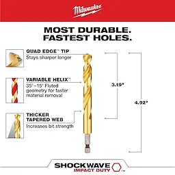 The SHOCKWAVE™ RED HELIX™ 7/16" Titanium Drill Bit features a quad edge tip for durability, variable helix for efficient material removal, and a thicker tapered web for increased strength. Its dimensions are 3.19 inches tip length and 4.92 inches overall length.