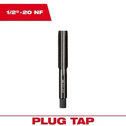 1/2"-20 NF Straight Flute Plug Tap with black finish, shown upright with labeled specifications in red text on a white background.