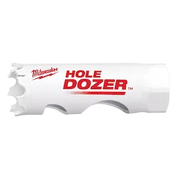 RANGE%20OF%20Hole%20Dozer%20Bi-Metal%20Hole%20Saw%20%203%2F4%22%2025%2F32%22%2013%2F16%22, white cylindrical saw with staggered teeth and brand name in red.