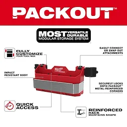 PACKOUT Tool Box Caddy Attachment by Milwaukee is shown with features labeled, including "Fully Customize Your Tool Box," "Impact Resistant Body," "Quick Access," "Easily Connect or Swap Out Attachments," "Securely Locks onto PACKOUT Metal-Reinforced Corners," and "Reinforced Rack Maintains Shape." The headline reads, "PACKOUT: Most Versatile Durable Modular Storage System."