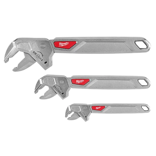 Three metal wrenches labeled 6" Ratcheting Adjustable Wrench, 8" Ratcheting Adjustable Wrench, 10" Ratcheting Adjustable Wrench, 3PC Ratcheting Adjustable Wrench Set.
