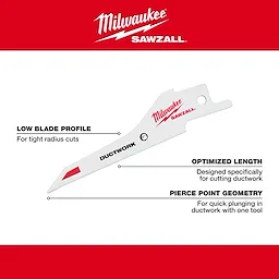 Milwaukee Sawzall Ductwork blade Walkaround features a low blade profile for tight radius cuts, optimized length for cutting ductwork, and pierce point geometry for quick plunging. The white blade showcases red branding and black text, highlighting its specific design for ductwork applications.
