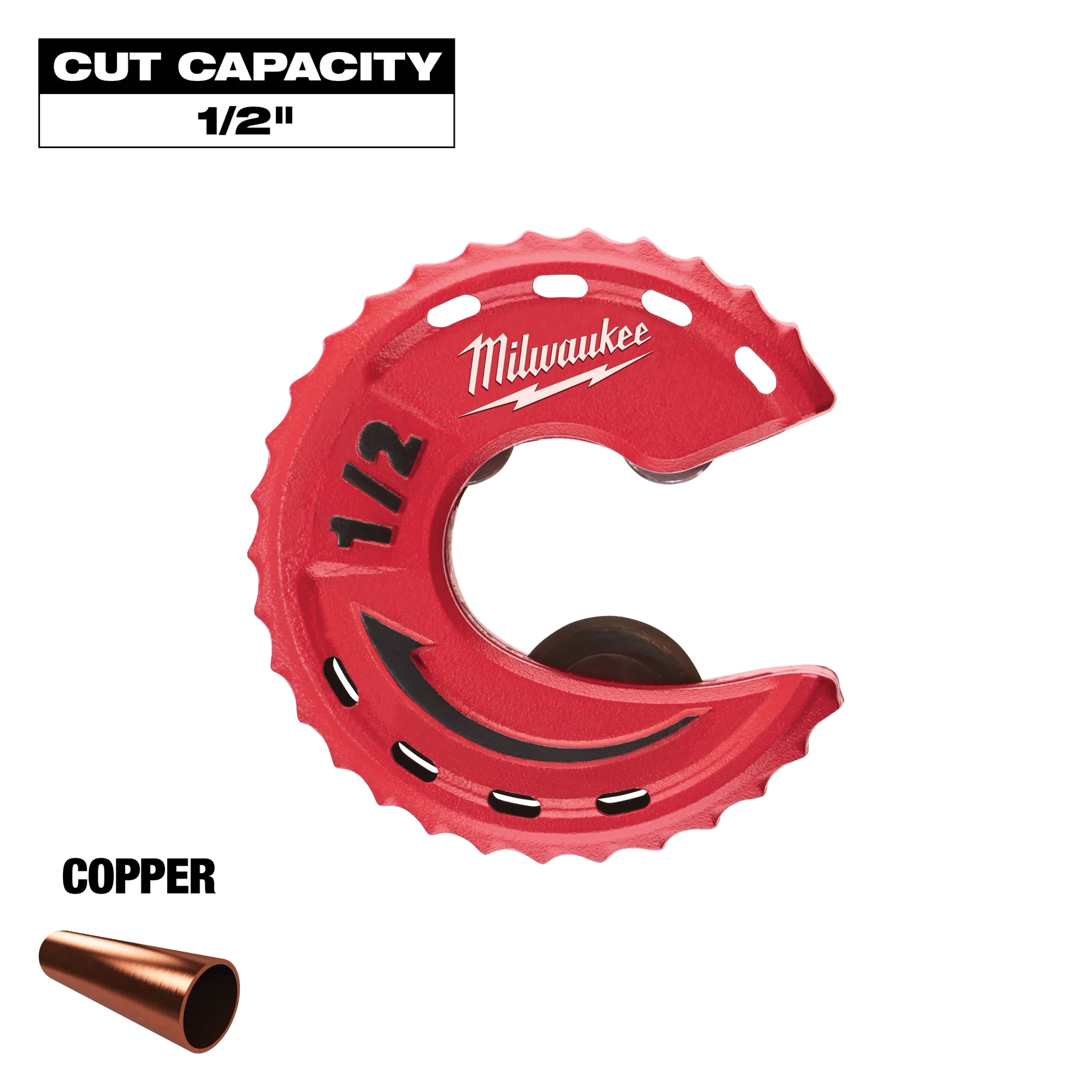 Milwaukee 1/2-inch Close Quarters Tubing Cutter features a red crescent-shaped design suitable for cutting copper tubing. The tool has a 1/2-inch cut capacity and is labeled with its brand and size.