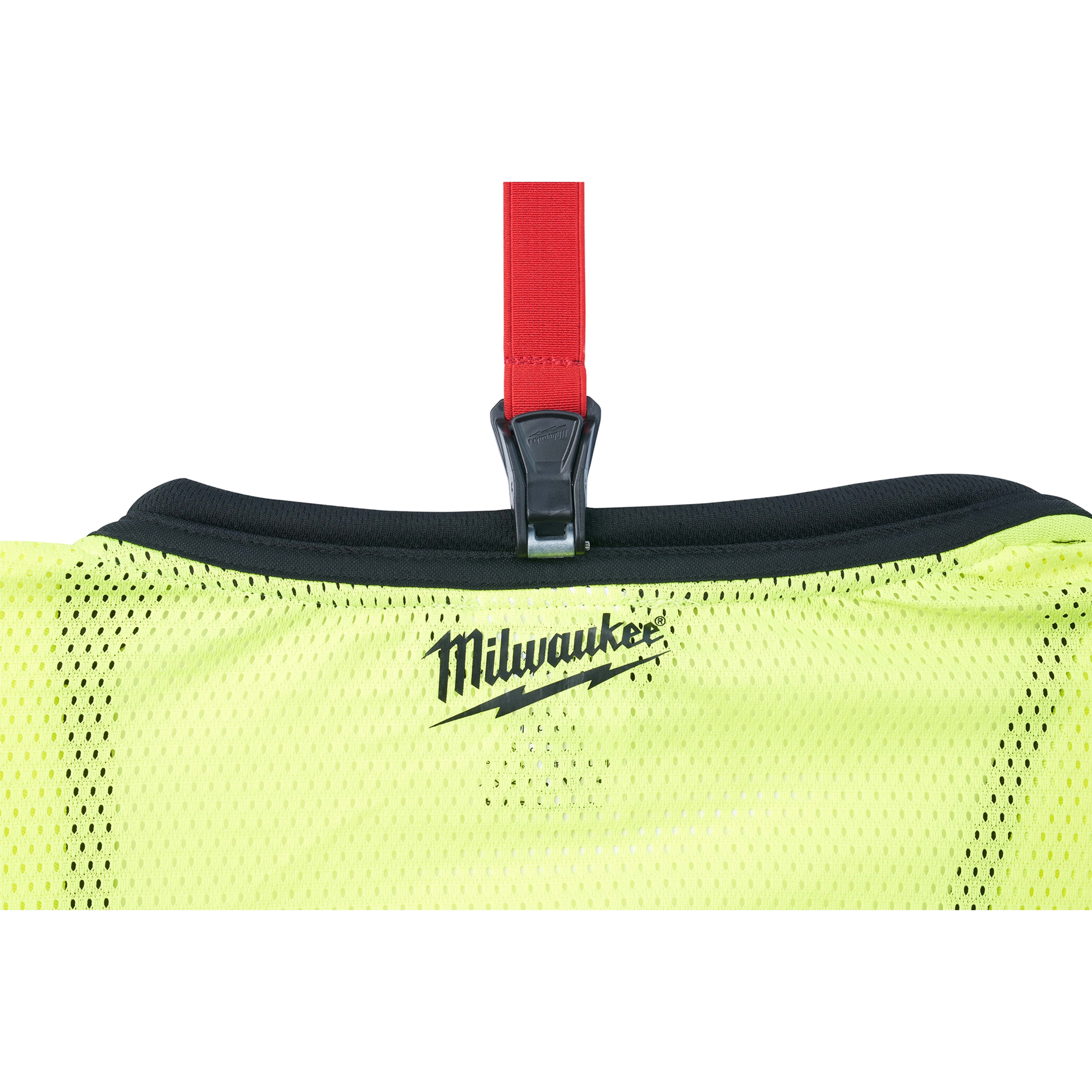 Hard Hat Lanyard attached to a high-visibility yellow garment. The clip is black with a red strap for securing the hat.
