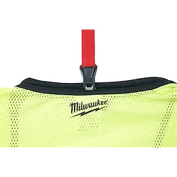 Hard Hat Lanyard attached to a high-visibility yellow garment. The clip is black with a red strap for securing the hat.