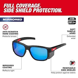 Full Frame Safety Glasses with Removable Side Shields – Blue Mirrored Anti-Scratch Lenses, offering full coverage and ANSI Z87.1+ compliance.