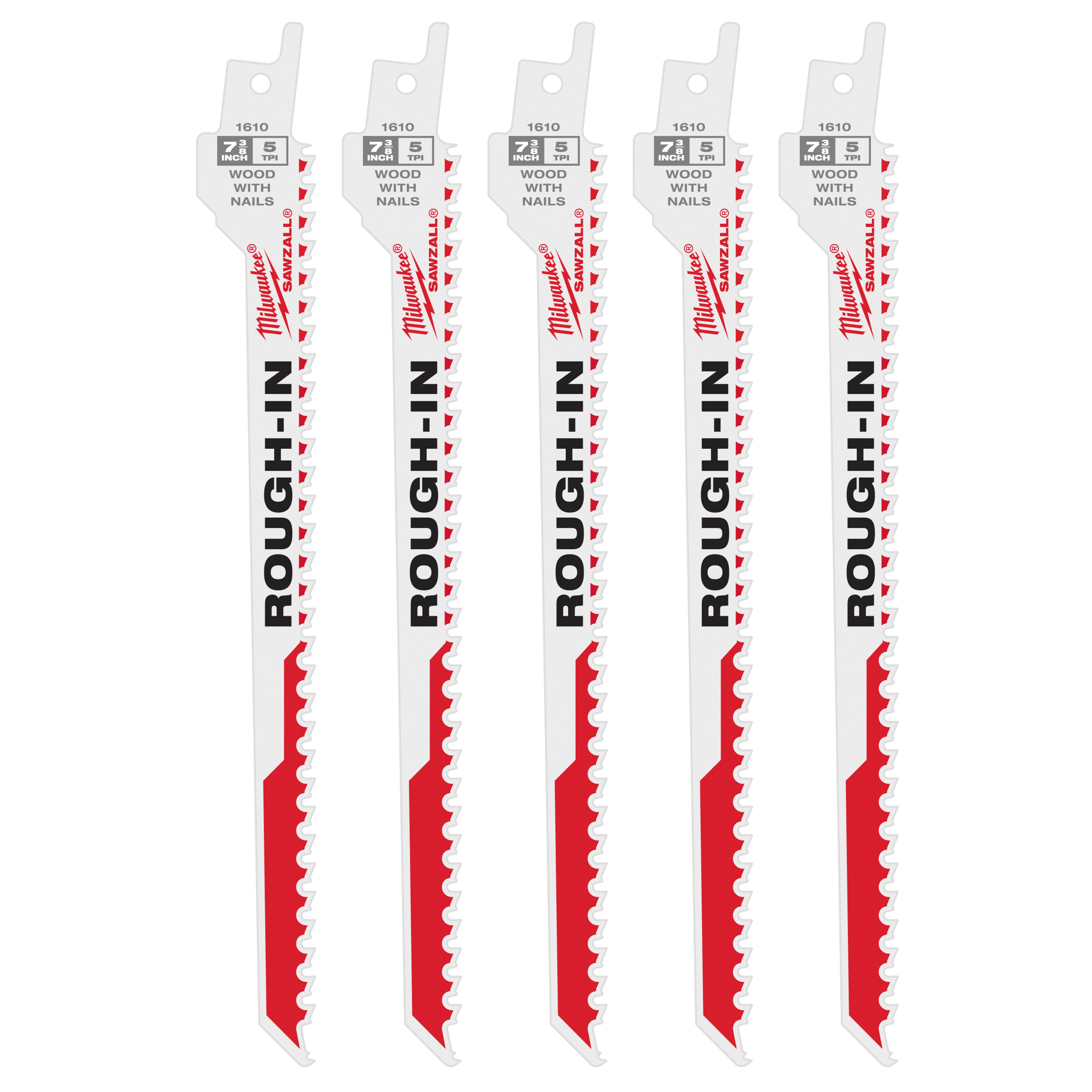 Five Rough-In SAWZALL® Blades are arranged vertically, highlighting the serrated edges and brand name printed on each blade. Suitable for cutting wood and nails, the blades have white and red coloring, with technical specifications visible at the top of each blade. Pack contains 5 blades.
