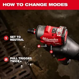 The M12 FUEL™ Subcompact Impact Wrench w/ Friction Ring is being held by a gloved hand. Text instructions on how to change modes are overlaid, indicating to set to neutral and pull the trigger twice.