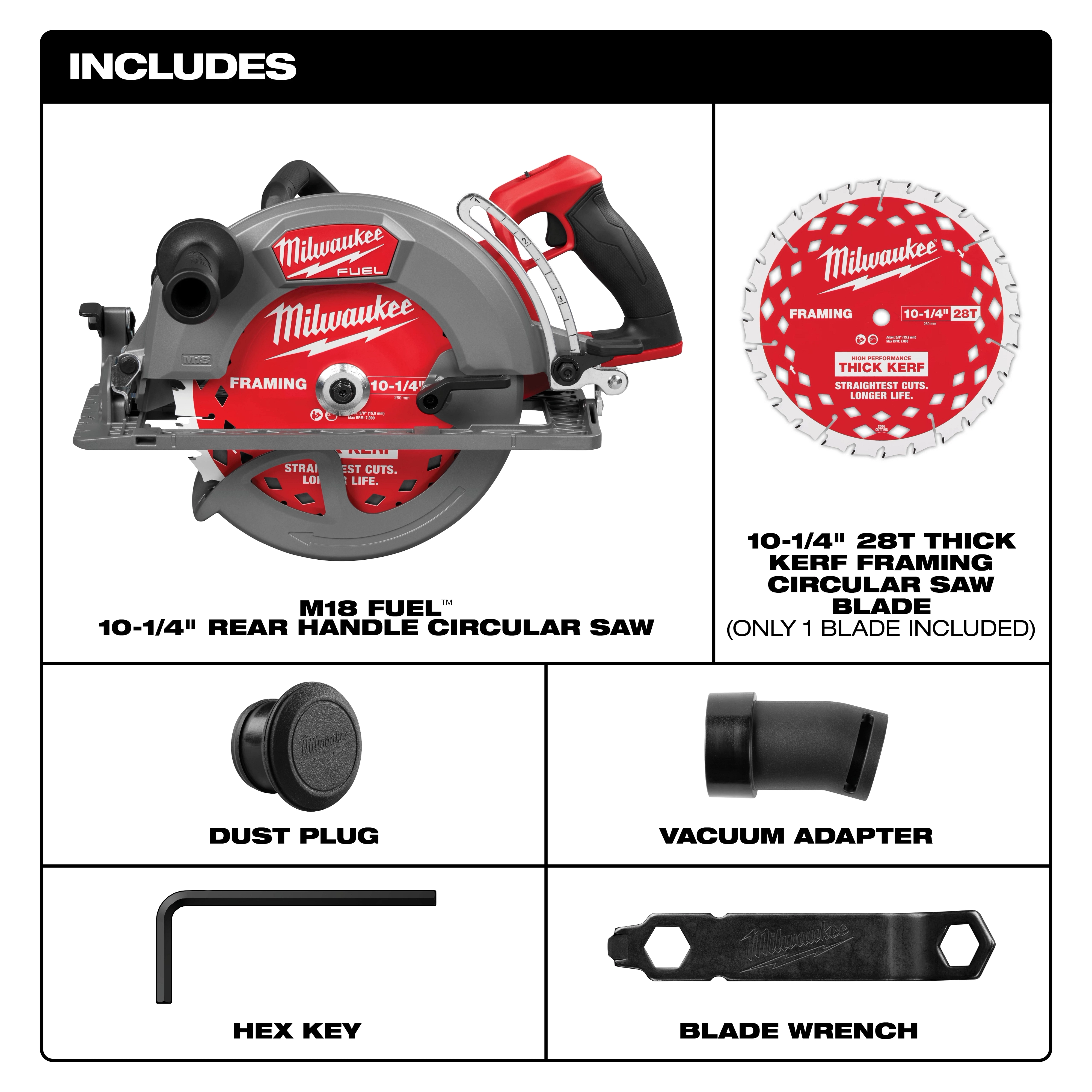 M18 FUEL 10-1/4" Rear Handle Circular Saw with 10-1/4" 28T Kerf Framing Blade, dust plug, vacuum adapter, hex key, and blade wrench.
