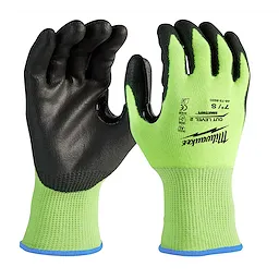 Green and black Hi Vis Cut Gloves with a textured grip, high visibility fabric, and wrist cuffs labeled with the glove size and specifications.