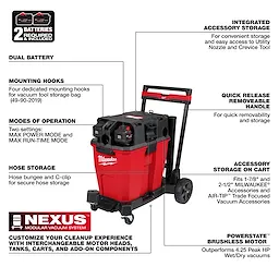 The M18 FUEL™ NEXUS™ 12 Gallon Dual-Battery Wet/Dry Vacuum Kit features dual battery operation, integrated accessory storage, and mounting hooks. It offers two modes of operation, hose storage, a quick-release removable handle, and a POWERSTATE™ brushless motor.