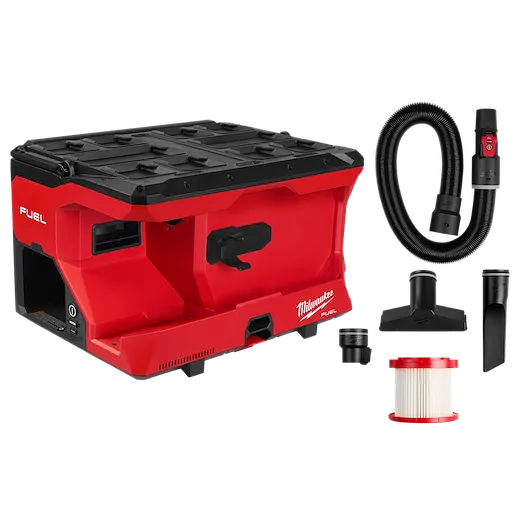 M18 FUEL 4 Gallon Wet/Dry Vacuum w/ PACKOUT Compatibility & VACLINK with hose, filter, and nozzle accessories.