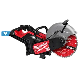 Image of an MX FUEL™ 14" Cut-Off Saw with RAPIDSTOP™ Brake. The tool is primarily red and black, and features a large circular blade labeled "Diamond Ultra." The Milwaukee logo and the WiFi symbol are also visible.
