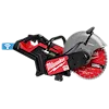 Image of an MX FUEL™ 14" Cut-Off Saw with RAPIDSTOP™ Brake. The tool is primarily red and black, and features a large circular blade labeled "Diamond Ultra." The Milwaukee logo and the WiFi symbol are also visible.